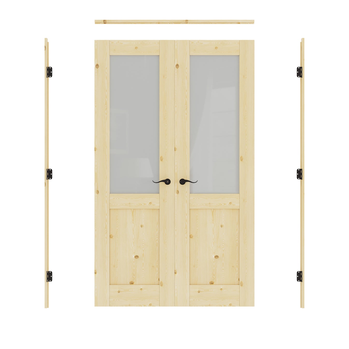 JUJUBON Prehung French Door, Half Tempered Frosted Glass & Pine Wood Door Slabs with Jamb, Black Hinges, 4 Levers & Latch, Solid Core Interior Doors, Unfinished Double Doors Interior