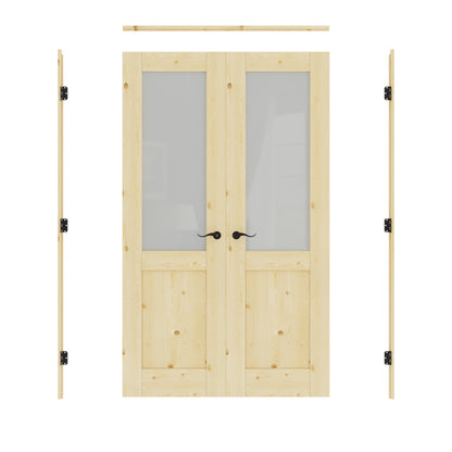 JUJUBON Prehung French Door, Half Tempered Frosted Glass & Pine Wood Door Slabs with Jamb, Black Hinges, 4 Levers & Latch, Solid Core Interior Doors, Unfinished Double Doors Interior