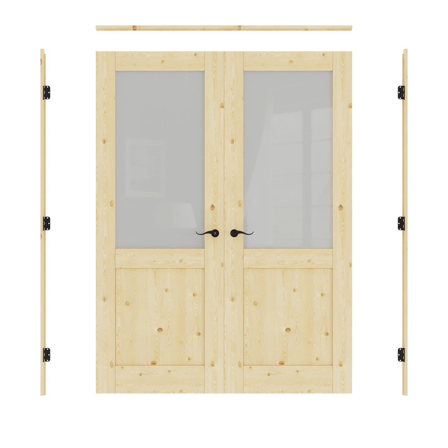 JUJUBON Prehung French Door, Half Tempered Frosted Glass & Pine Wood Door Slabs with Jamb, Black Hinges, 4 Levers & Latch, Solid Core Interior Doors, Unfinished Double Doors Interior