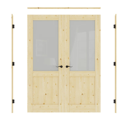 JUJUBON Prehung French Door, Half Tempered Frosted Glass & Pine Wood Door Slabs with Jamb, Black Hinges, 4 Levers & Latch, Solid Core Interior Doors, Unfinished Double Doors Interior