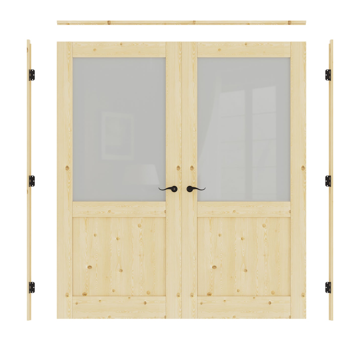 JUJUBON Prehung French Door, Half Tempered Frosted Glass & Pine Wood Door Slabs with Jamb, Black Hinges, 4 Levers & Latch, Solid Core Interior Doors, Unfinished Double Doors Interior