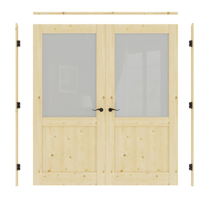 JUJUBON Prehung French Door, Half Tempered Frosted Glass & Pine Wood Door Slabs with Jamb, Black Hinges, 4 Levers & Latch, Solid Core Interior Doors, Unfinished Double Doors Interior