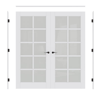 Jujubon 10-Lite Frosted Glass French Door with Hardware Kit & Ready-to-Assemble Jamb, Solid Core MDF Wood, White