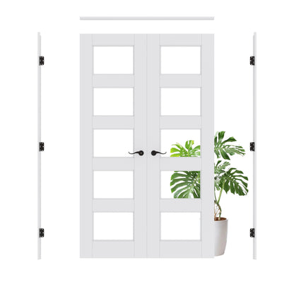 Jujubon 5-Lite Clear Glass White Solid Core Double Prehung French Door with Ready-to-Assemble Jamb