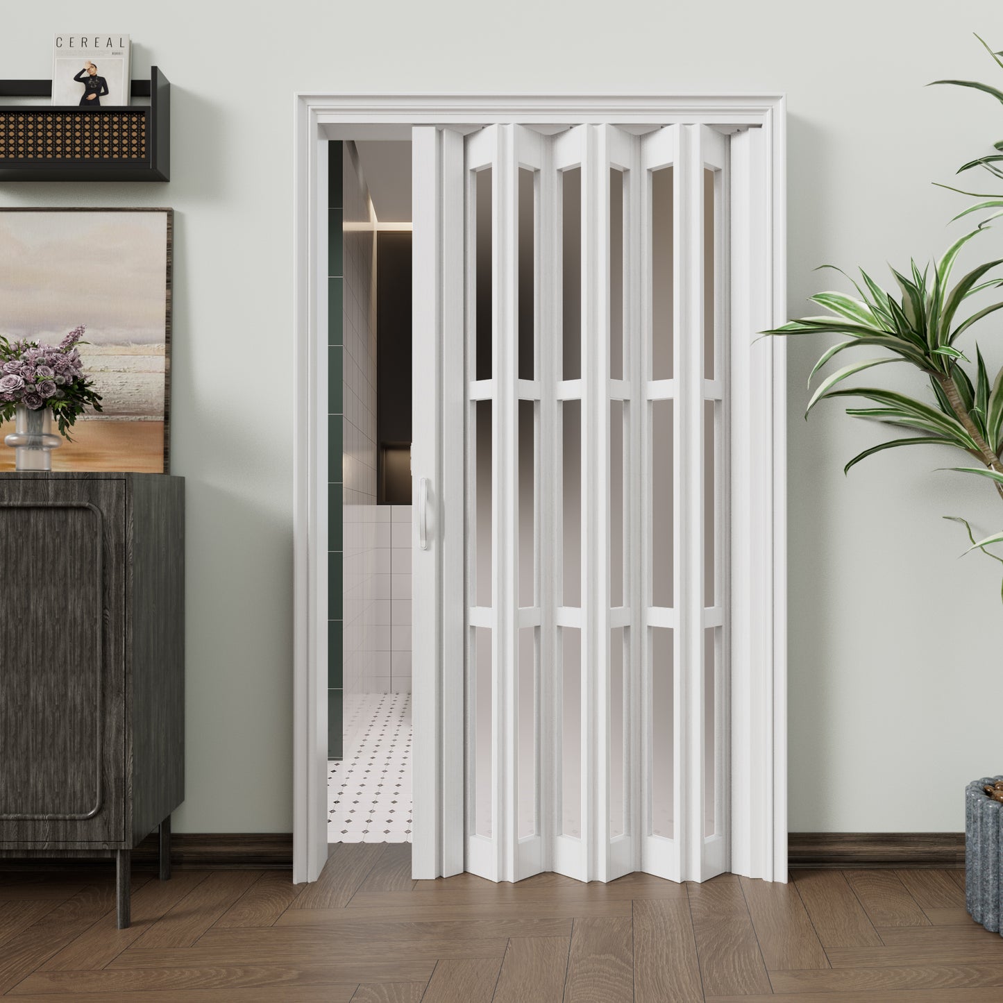 JUJUBON Enhanced Double-Layer Accordion Doors 24"-36" x 80", with Upgraded Roller & Handle & Complete Hardware, Interior Multifold Folding Doors for Closet & Doorway - Easy Installation