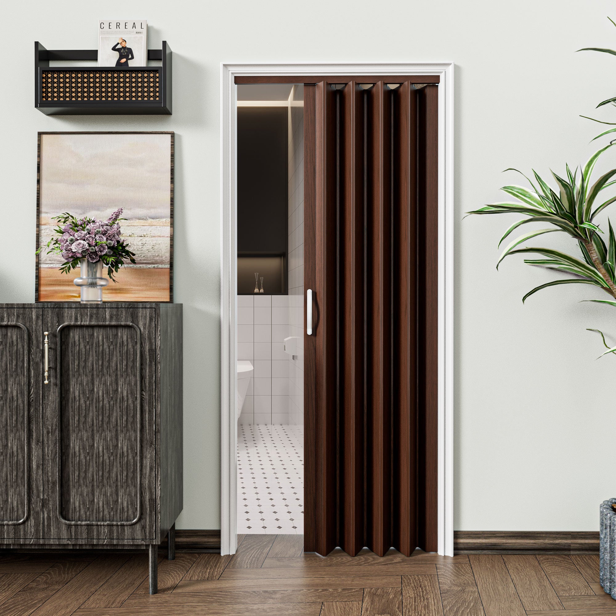 JUJUBON Accordion Doors 24"-36" x 80", with Upgraded Roller & Handle & Complete Hardware, Interior Multifold Folding Doors for Closet & Pantry, Easy Installation - Walnut, Single Layer