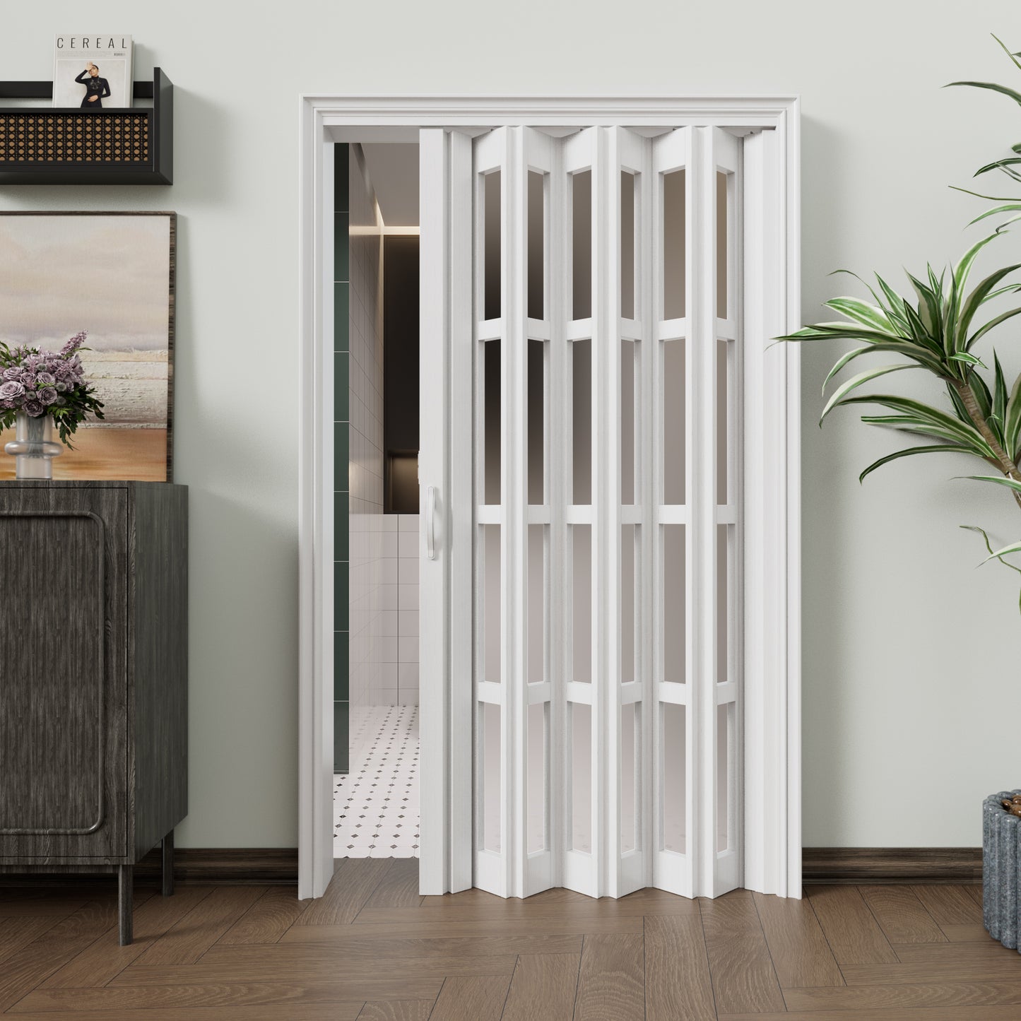 JUJUBON Enhanced Double-Layer Accordion Doors 24"-36" x 80", with Upgraded Roller & Handle & Complete Hardware, Interior Multifold Folding Doors for Closet & Pantry, Easy Installation