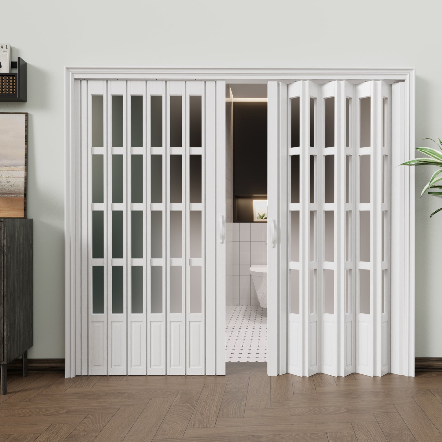 JUJUBON Enhanced Double-Layer Accordion Doors 24"-36" x 80", with Upgraded Roller & Handle & Complete Hardware, Interior Multifold Folding Doors for Closet & Pantry, Easy Installation