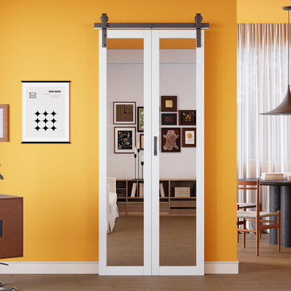 Pre-Assembled Solid Core Panels Bifold Barn Doors, Full-Length Mirrored Folding Barn Door Closet Doors, BiFold Barn Door with Hardware Kit for Interior Pantry Laundry Closet