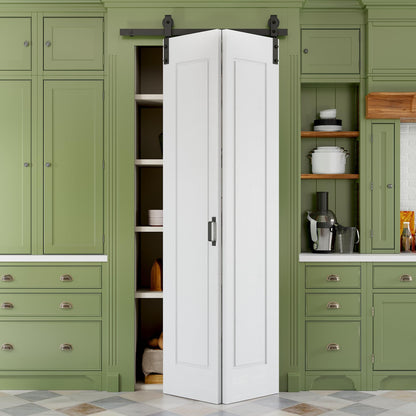 Paintable Bifold Barn Door, No Assembly Required, 1 Panel Bi-Fold Sliding Closet Doors with Hardware Kit Included,Track Kit for 2 Doors, Pre-Drilled Holes, White