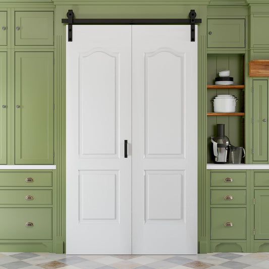 Paintable Bifold Barn Door, No Assembly Required, 2 Panels Bifold Sliding Closet Doors with Hardware Kit Included,Track Kit for 2 Doors, Pre-Drilled Holes, White