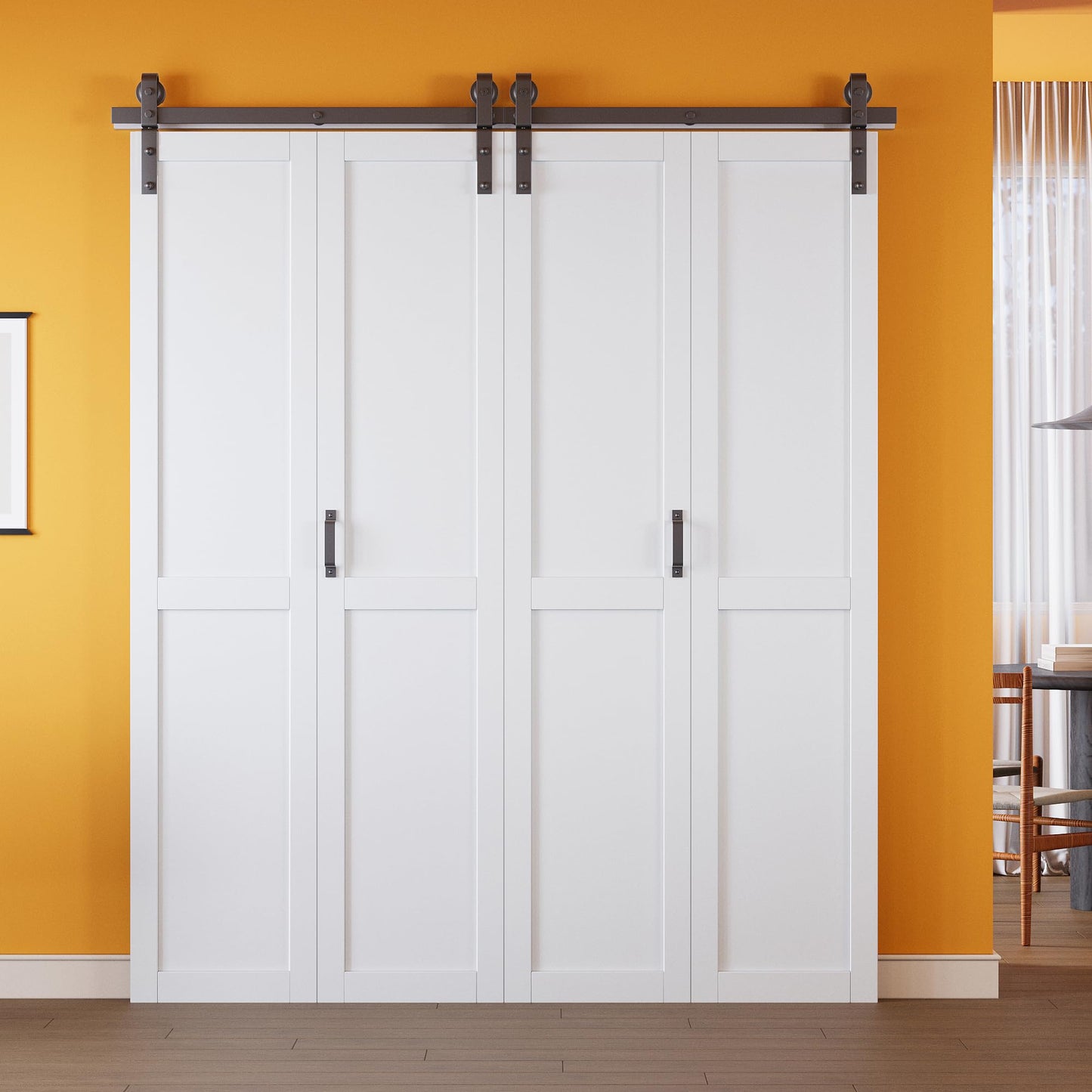 Pre-Assembled Solid Core Panels Bifold Barn Door and Track Kit Included, Paintable White Primed Finished Bi Fold Barn Door for Interior, H-Shape Bifold Sliding Closet Doors