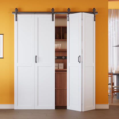 Pre-Assembled Solid Core Panels Bifold Barn Door and Track Kit Included, Paintable White Primed Finished Bi Fold Barn Door for Interior, H-Shape Bifold Sliding Closet Doors