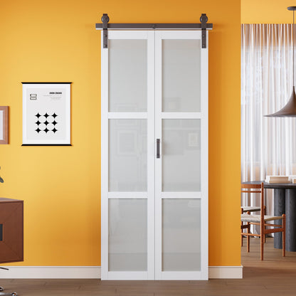 Paintable Bifold Barn Door, Fingerprint-Resistant Frosted Glass Bifold Barn Door with Good Privacy, Pre-Assembled Solid Core MDF Panels for Closet Pantry Laundry, Easily Install