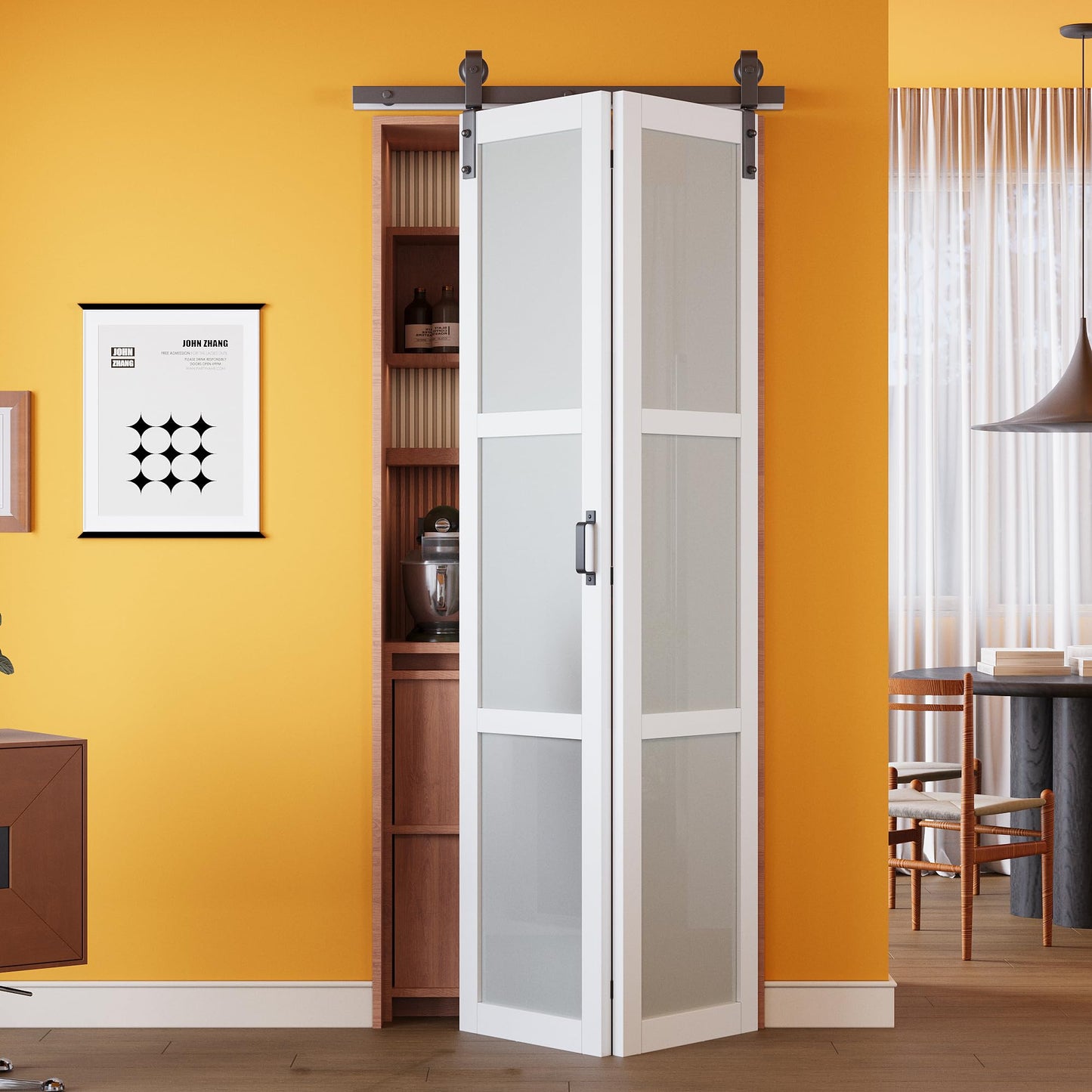 Paintable Bifold Barn Door, Fingerprint-Resistant Frosted Glass Bifold Barn Door with Good Privacy, Pre-Assembled Solid Core MDF Panels for Closet Pantry Laundry, Easily Install