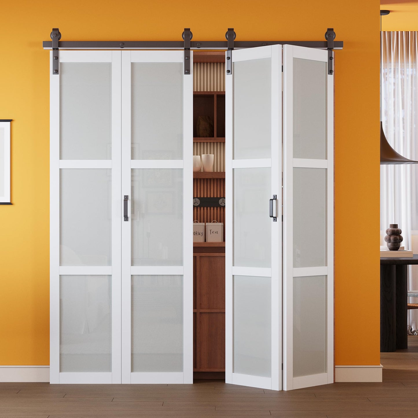 Paintable Bifold Barn Door, Fingerprint-Resistant Frosted Glass Bifold Barn Door with Good Privacy, Pre-Assembled Solid Core MDF Panels for Closet Pantry Laundry, Easily Install