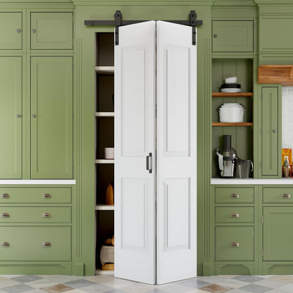 Paintable Bifold Barn Door, No Assembly Required, 4 Panels Bifold Sliding Closet Doors with Hardware Kit Included,Track Kit for 2 Doors, Pre-Drilled Holes, White