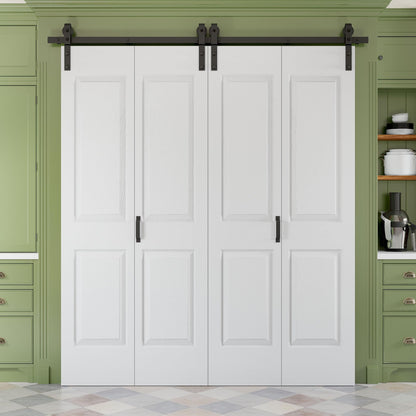 Paintable Bifold Barn Door, No Assembly Required, 4 Panels Bifold Sliding Closet Doors with Hardware Kit Included,Track Kit for 2 Doors, Pre-Drilled Holes, White