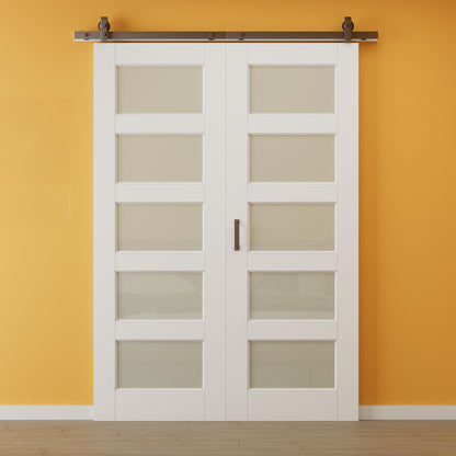 Paintable Bifold Barn Door, 5-Lite Tempered Frosted Glass Barn Door Bifold Closet Doors with Hardware Kit Included, Water-Resistant Pre-Assembled MDF Panels, Smooth Sliding Easy Install