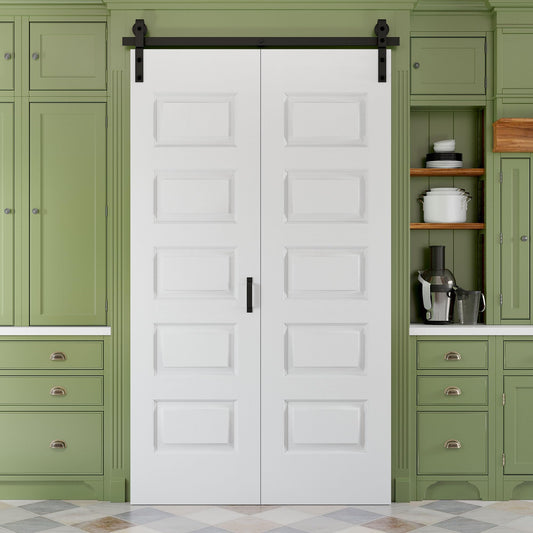 Paintable Bifold Barn Door, No Assembly Required, 5 Panels Bi-Fold Sliding Closet Doors with Hardware Kit Included,Track Kit for 2 Doors, Pre-Drilled Holes, White