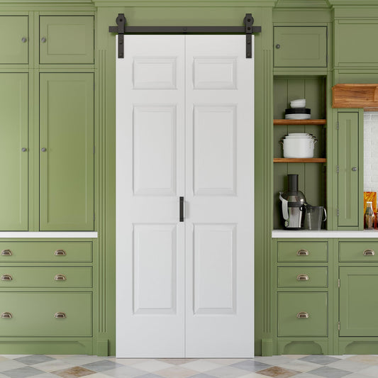 Paintable Bifold Barn Door No Assembly Required, 6 Panels Bi-Fold Doors with Hardware Kit Included, Track Kit for Sliding Closet Doors, Pre-Drilled Holes, White