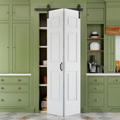 Paintable Bifold Barn Door No Assembly Required, 6 Panels Bi-Fold Doors with Hardware Kit Included, Track Kit for Sliding Closet Doors, Pre-Drilled Holes, White