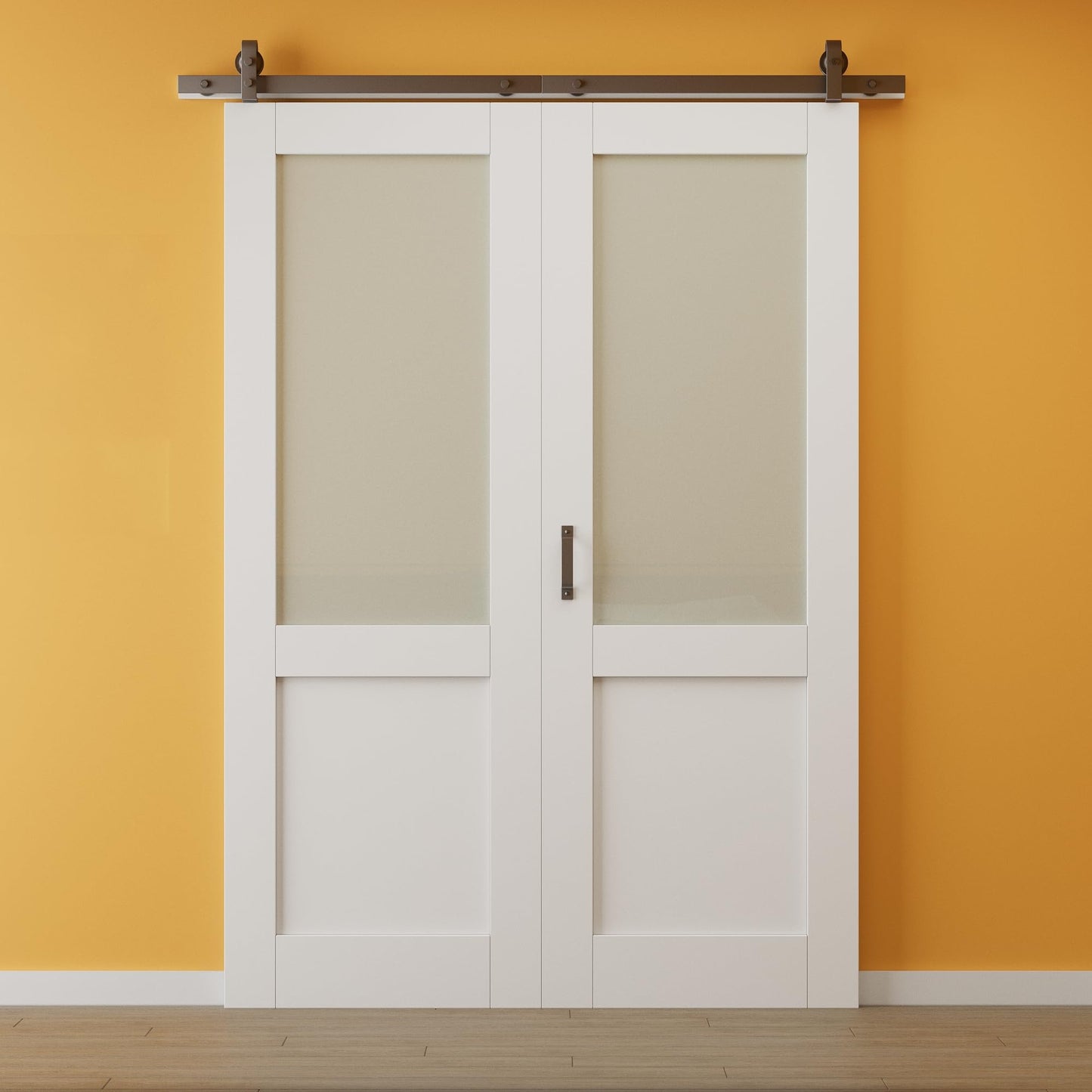 Pre-Assembled Bifold Barn Doors and Hardware Included, Half Frosted Glass Bi Fold Barn Door with Good Privacy, Interior Bifold Sliding Barn Door, Solid Core Easy Install, White
