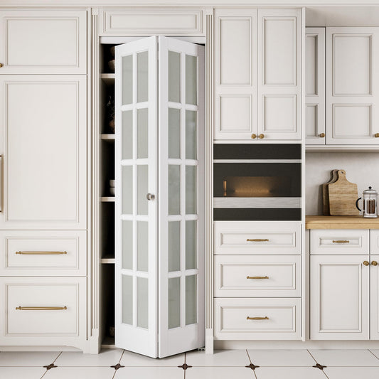 JUJUBON Bifold Doors, 10-Lite Tempered Frosted Glass Closet Doors with Sliding Hardware Kit, Preassembled Interior Bi Fold Doors for Pantry, Solid Build Quality & Easy Install, White