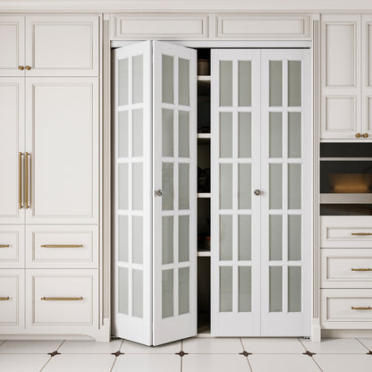 JUJUBON Bifold Doors, 10-Lite Tempered Frosted Glass Closet Doors with Sliding Hardware Kit, Preassembled Interior Bi Fold Doors for Pantry, Solid Build Quality & Easy Install, White