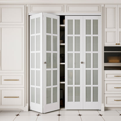JUJUBON Bifold Doors, 10-Lite Tempered Frosted Glass Closet Doors with Sliding Hardware Kit, Preassembled Interior Bi Fold Doors for Pantry, Solid Build Quality & Easy Install, White