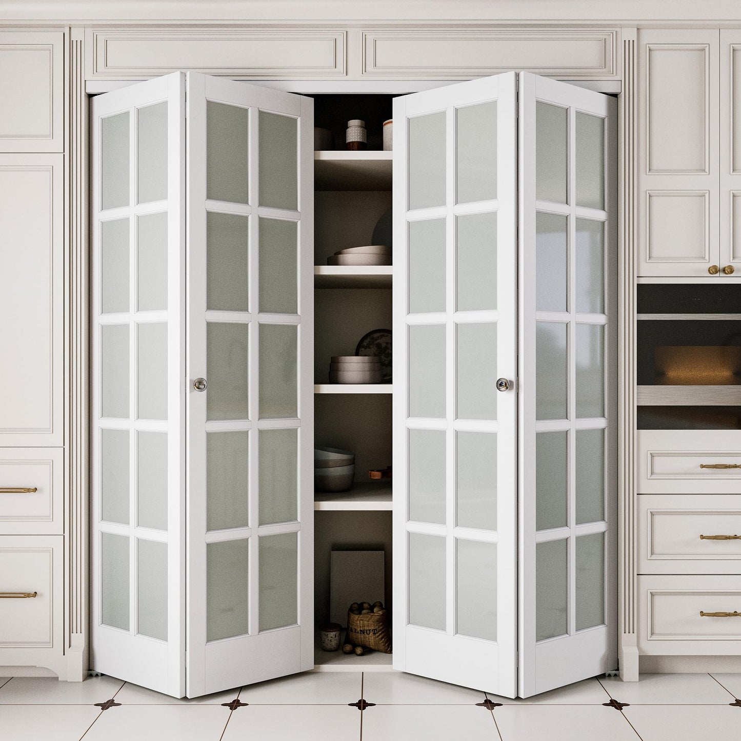 JUJUBON Bifold Doors, 10-Lite Tempered Frosted Glass Closet Doors with Sliding Hardware Kit, Preassembled Interior Bi Fold Doors for Pantry, Solid Build Quality & Easy Install, White