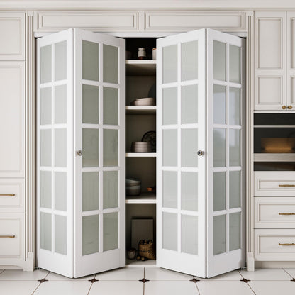 JUJUBON Bifold Doors, 10-Lite Tempered Frosted Glass Closet Doors with Sliding Hardware Kit, Preassembled Interior Bi Fold Doors for Pantry, Solid Build Quality & Easy Install, White