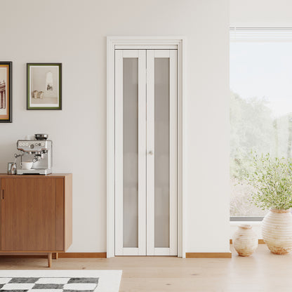 JUJUBON Bifold Doors,Tempered Frosted Glass Bifold Closet Door with Sliding Hardware Kit, Interior Bi Fold Doors for Pantry, Solid Build Quality & Easy Install, White