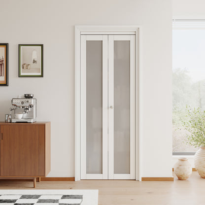 JUJUBON Bifold Doors,Tempered Frosted Glass Bifold Closet Door with Sliding Hardware Kit, Interior Bi Fold Doors for Pantry, Solid Build Quality & Easy Install, White