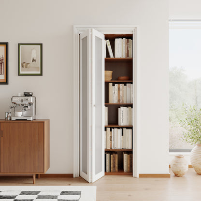 JUJUBON Bifold Doors,Tempered Frosted Glass Bifold Closet Door with Sliding Hardware Kit, Interior Bi Fold Doors for Pantry, Solid Build Quality & Easy Install, White