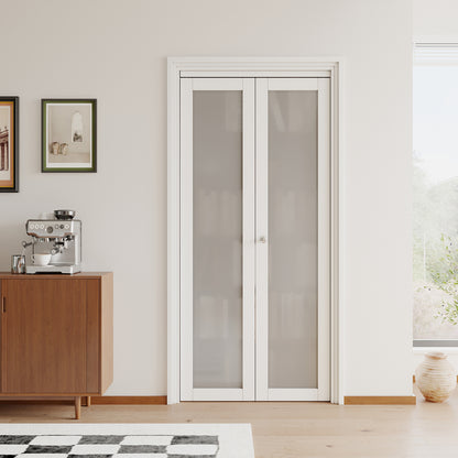 JUJUBON Bifold Doors,Tempered Frosted Glass Bifold Closet Door with Sliding Hardware Kit, Interior Bi Fold Doors for Pantry, Solid Build Quality & Easy Install, White