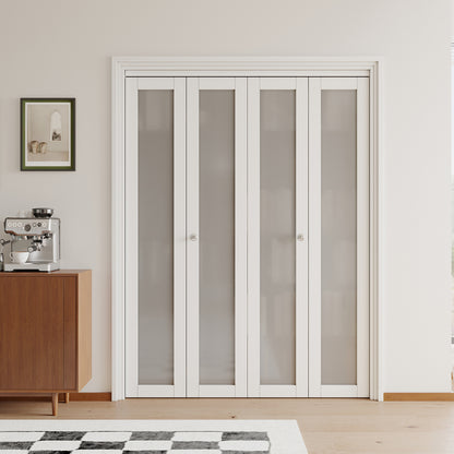 JUJUBON Bifold Doors,Tempered Frosted Glass Bifold Closet Door with Sliding Hardware Kit, Interior Bi Fold Doors for Pantry, Solid Build Quality & Easy Install, White