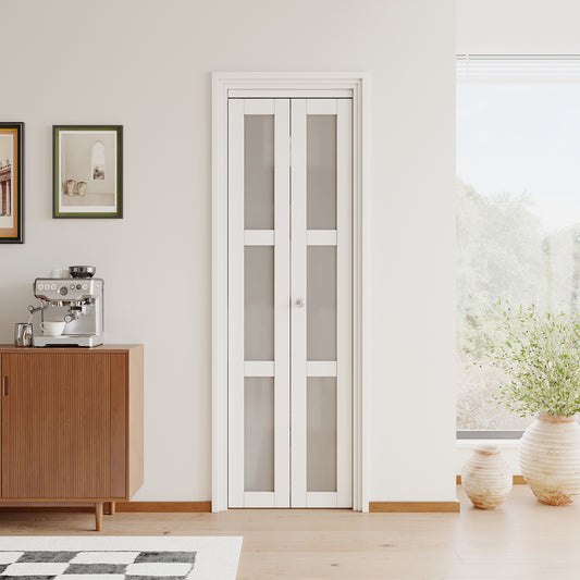 JUJUBON Bifold Doors, 3-Lite Tempered Frosted Glass Closet Door with Sliding Hardware Kit, Interior Bi Fold Doors for Pantry, Solid Build Quality & Easy Install, White