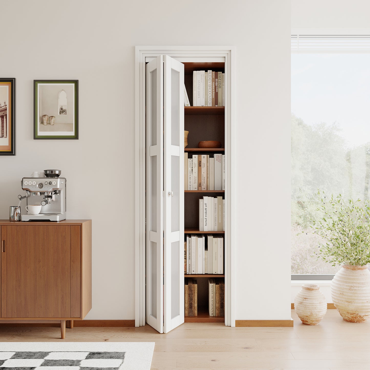 [Paintable] JUJUBON  Bifold Doors, 3-Lite Tempered Frosted Glass Closet Door with Sliding Hardware Kit, Interior Bi Fold Doors for Pantry, Solid Build Quality & Easy Install, White