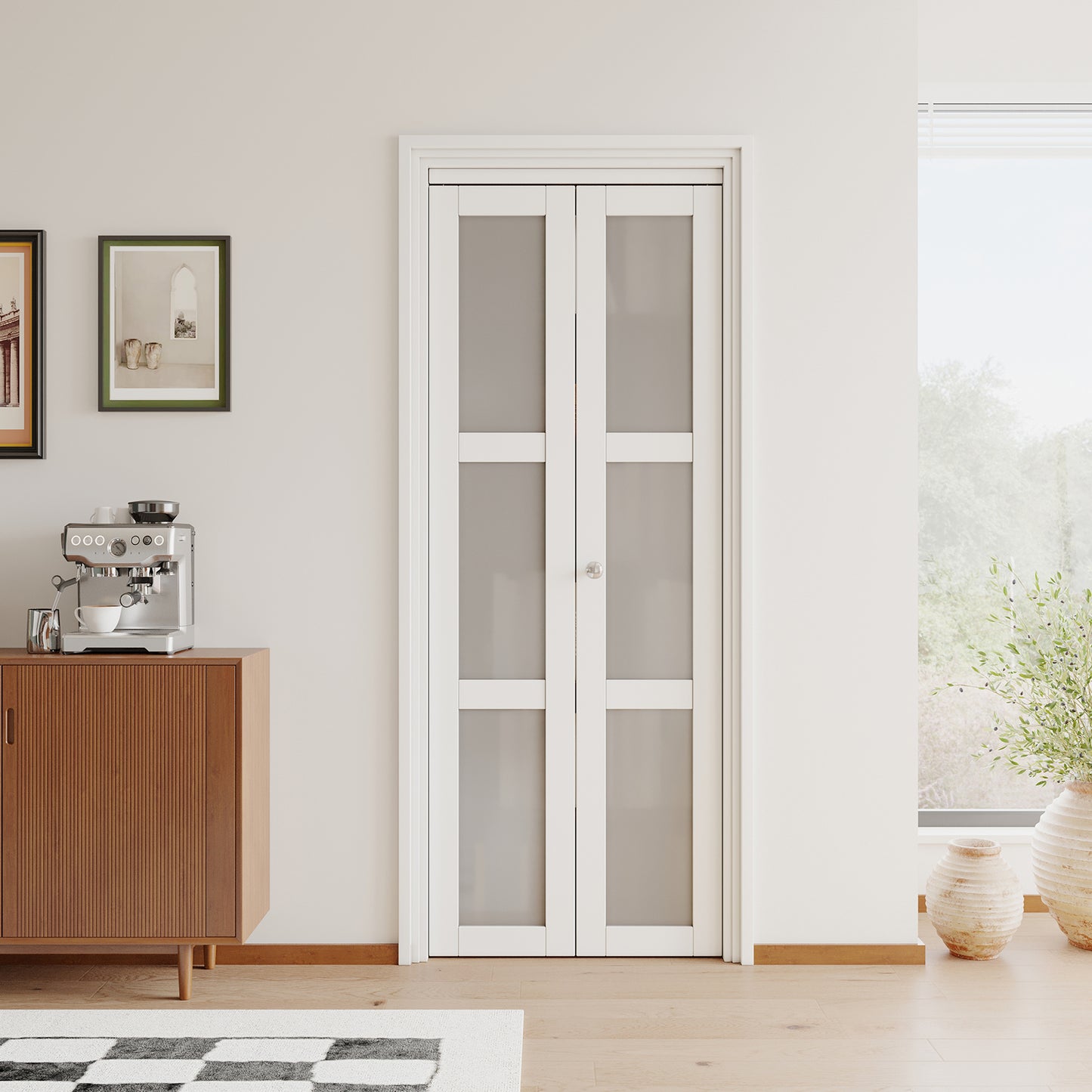 [Paintable] JUJUBON  Bifold Doors, 3-Lite Tempered Frosted Glass Closet Door with Sliding Hardware Kit, Interior Bi Fold Doors for Pantry, Solid Build Quality & Easy Install, White