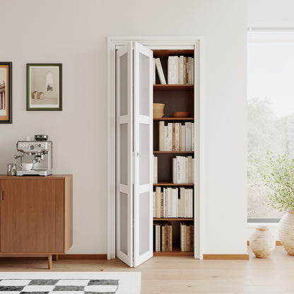 [Paintable] JUJUBON  Bifold Doors, 3-Lite Tempered Frosted Glass Closet Door with Sliding Hardware Kit, Interior Bi Fold Doors for Pantry, Solid Build Quality & Easy Install, White