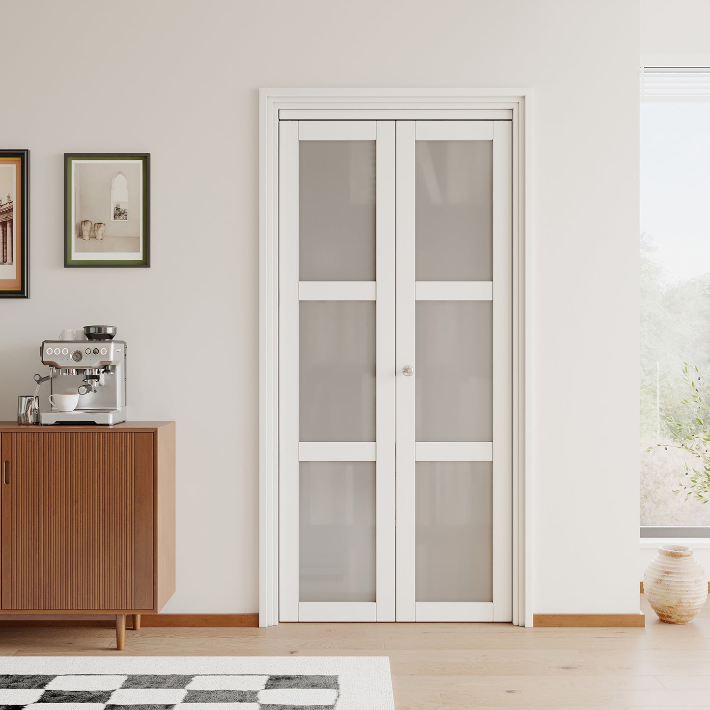 [Paintable] JUJUBON  Bifold Doors, 3-Lite Tempered Frosted Glass Closet Door with Sliding Hardware Kit, Interior Bi Fold Doors for Pantry, Solid Build Quality & Easy Install, White