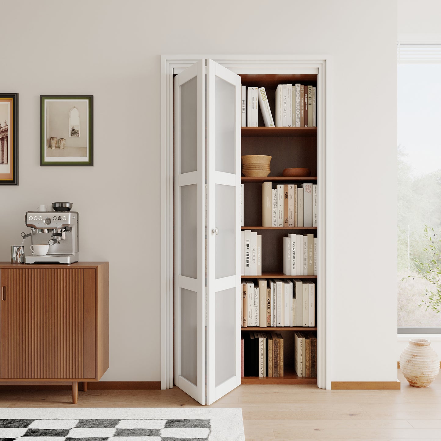 [Paintable] JUJUBON  Bifold Doors, 3-Lite Tempered Frosted Glass Closet Door with Sliding Hardware Kit, Interior Bi Fold Doors for Pantry, Solid Build Quality & Easy Install, White