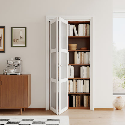 [Paintable] JUJUBON  Bifold Doors, 3-Lite Tempered Frosted Glass Closet Door with Sliding Hardware Kit, Interior Bi Fold Doors for Pantry, Solid Build Quality & Easy Install, White