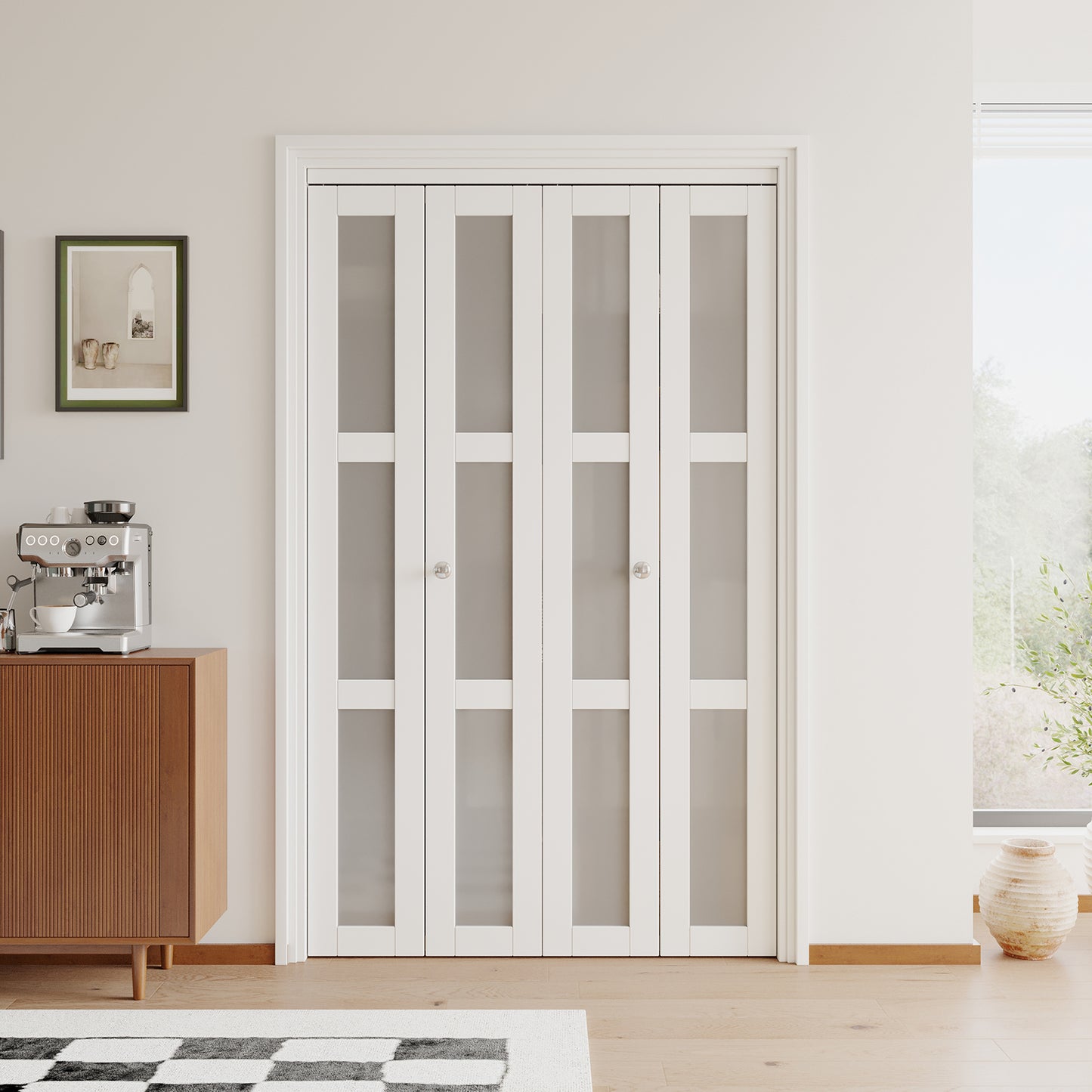 [Paintable] JUJUBON  Bifold Doors, 3-Lite Tempered Frosted Glass Closet Door with Sliding Hardware Kit, Interior Bi Fold Doors for Pantry, Solid Build Quality & Easy Install, White
