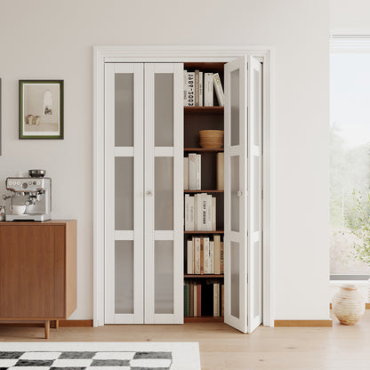 [Paintable] JUJUBON  Bifold Doors, 3-Lite Tempered Frosted Glass Closet Door with Sliding Hardware Kit, Interior Bi Fold Doors for Pantry, Solid Build Quality & Easy Install, White