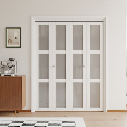 [Paintable] JUJUBON  Bifold Doors, 3-Lite Tempered Frosted Glass Closet Door with Sliding Hardware Kit, Interior Bi Fold Doors for Pantry, Solid Build Quality & Easy Install, White