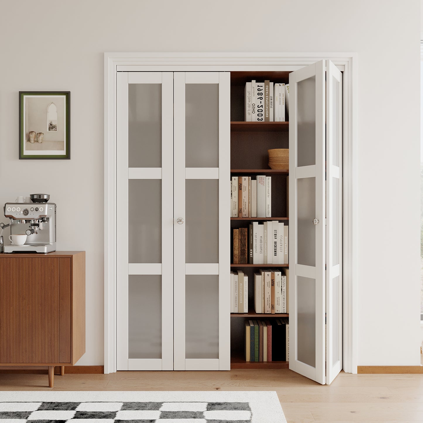 [Paintable] JUJUBON  Bifold Doors, 3-Lite Tempered Frosted Glass Closet Door with Sliding Hardware Kit, Interior Bi Fold Doors for Pantry, Solid Build Quality & Easy Install, White
