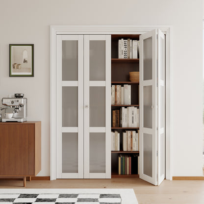 [Paintable] JUJUBON  Bifold Doors, 3-Lite Tempered Frosted Glass Closet Door with Sliding Hardware Kit, Interior Bi Fold Doors for Pantry, Solid Build Quality & Easy Install, White