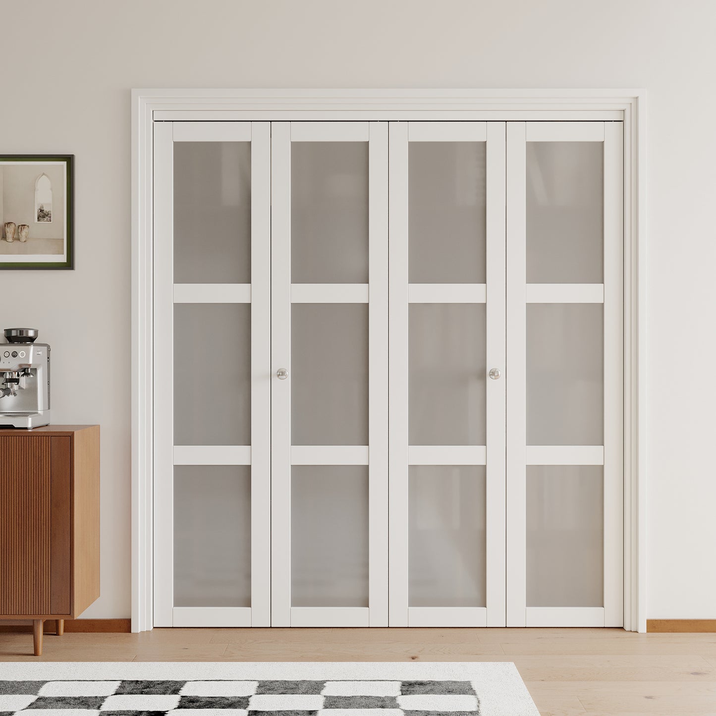 [Paintable] JUJUBON  Bifold Doors, 3-Lite Tempered Frosted Glass Closet Door with Sliding Hardware Kit, Interior Bi Fold Doors for Pantry, Solid Build Quality & Easy Install, White